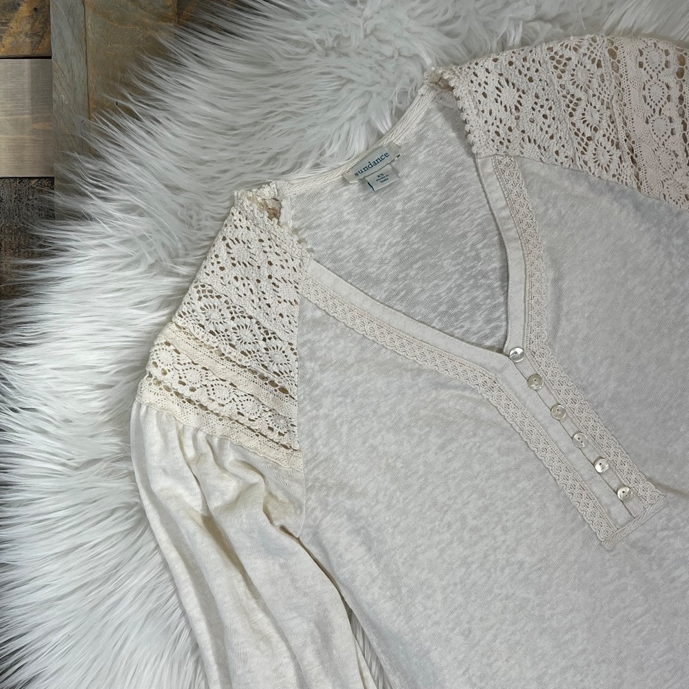Like New [Sundance] Ivory Crochet Prairie Blouse | Cotton V-Neck Tee Shirt | XS